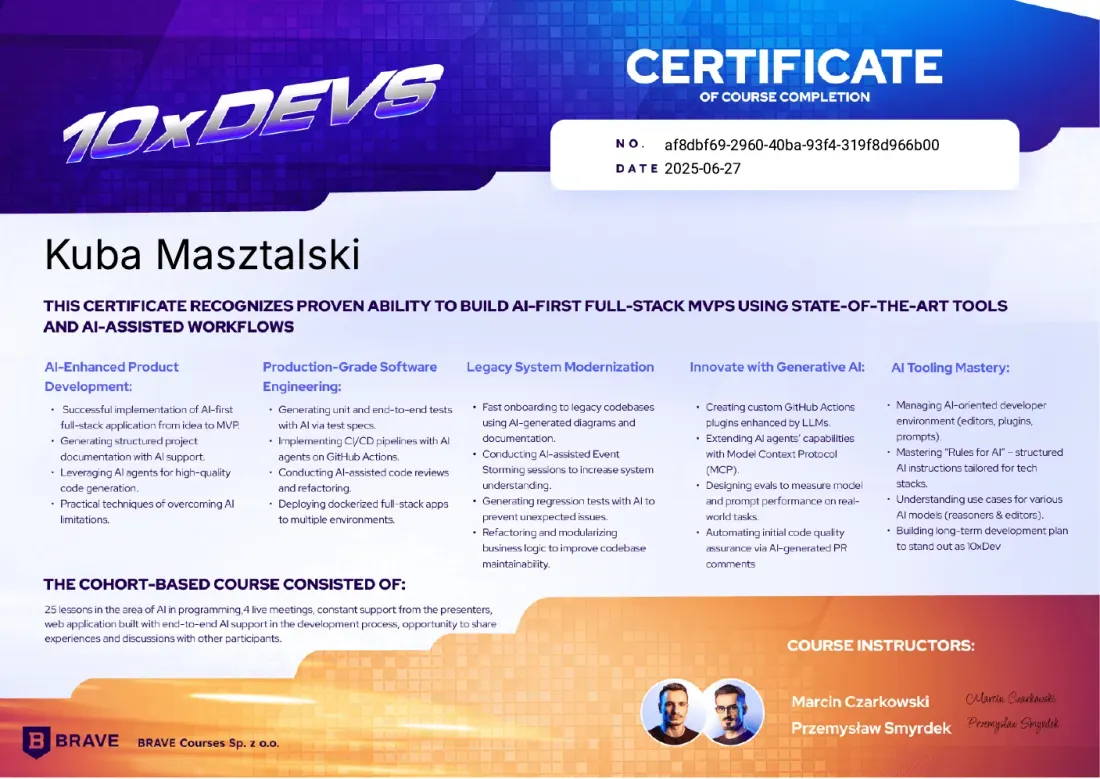 Certyfikat Kuby Masztalskiego: 10xDevs - BRAVE Courses - AI-first full-stack development