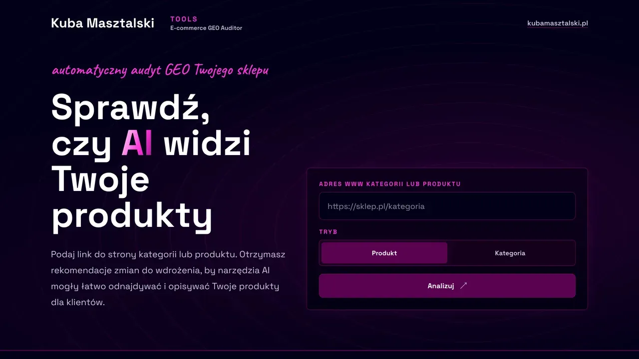 E-commerce GEO Auditor: nagłówek „Sprawdź, czy AI widzi Twoje produkty” i pole na adres kategorii albo produktu.