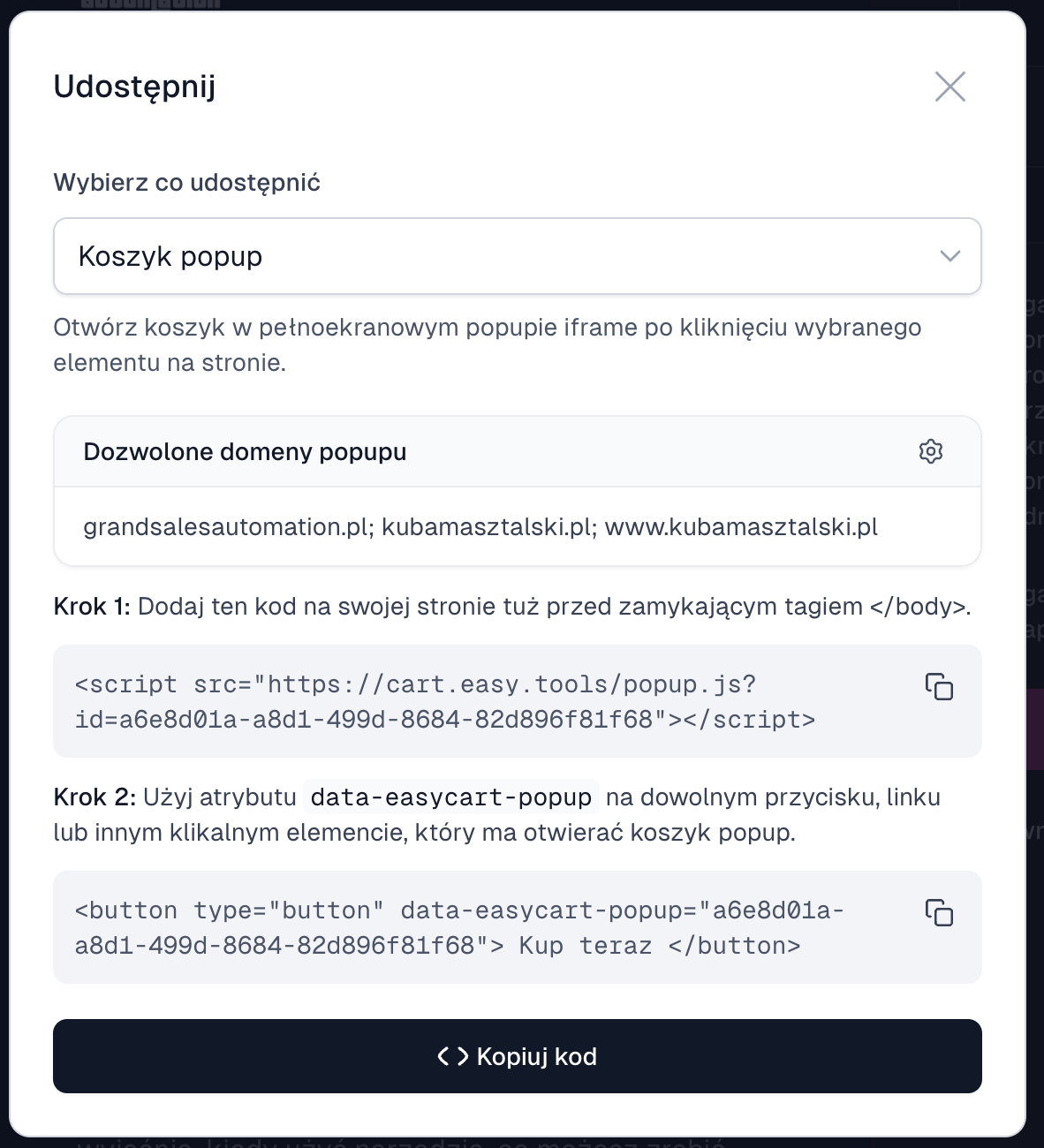 Okno Udostępnij w Easytools z wybraną opcją Koszyk popup, listą dozwolonych domen oraz kodem skryptu i atrybutem data-easycart-popup.