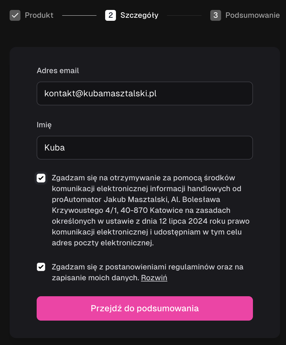 Drugi krok koszyka Easytools z polami Adres email i Imię, zgodą na komunikację handlową, akceptacją regulaminów oraz przyciskiem Przejdź do podsumowania.