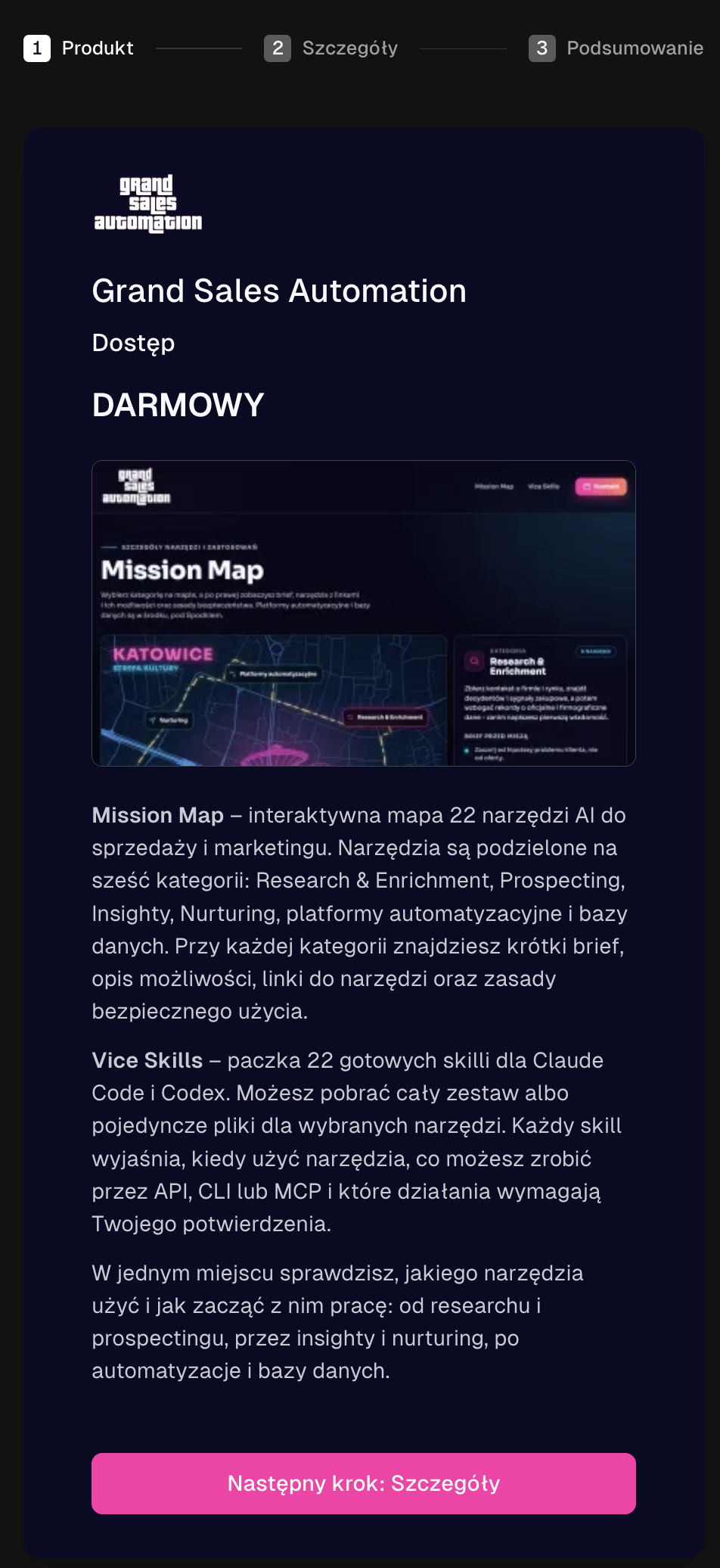 Pierwszy krok koszyka Easytools dla bezpłatnego produktu Grand Sales Automation. Widać nazwę produktu, oznaczenie Darmowy, opis oraz przycisk Następny krok: Szczegóły.