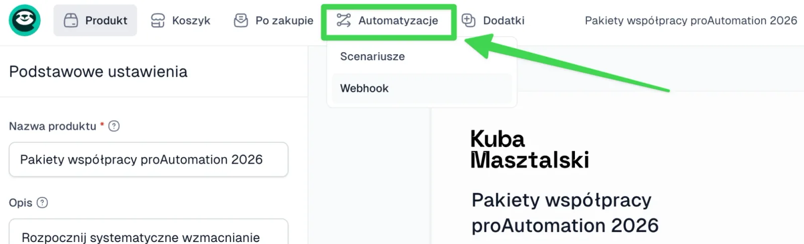 Edytor produktu w Easytools z rozwiniętym menu Automatyzacje. Menu ma dwie pozycje: Scenariusze i Webhook.