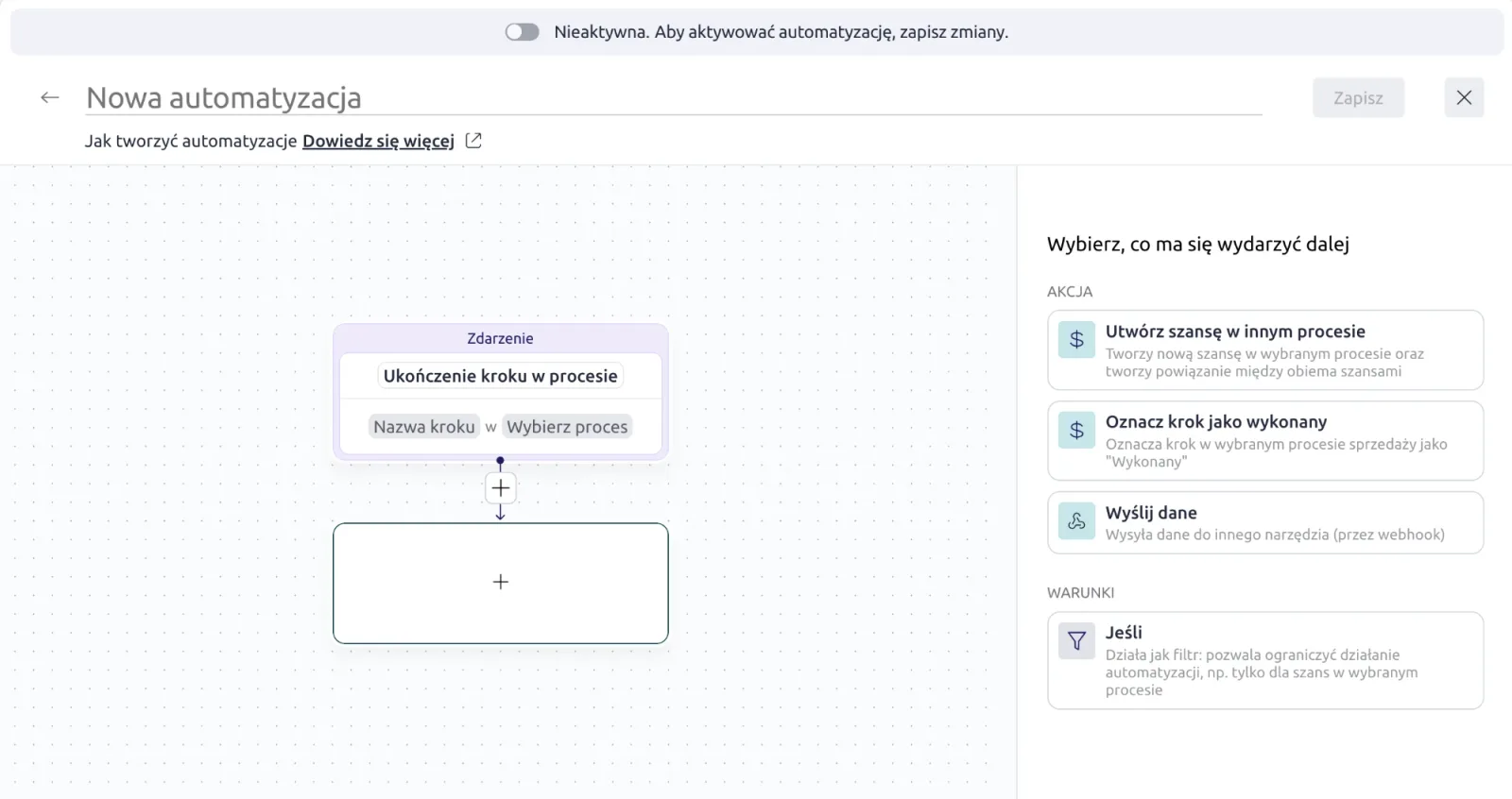 Kreator automatyzacji Livespace. Na płótnie blok Zdarzenie z regułą Ukończenie kroku w procesie, po prawej panel z trzema akcjami i jednym warunkiem.