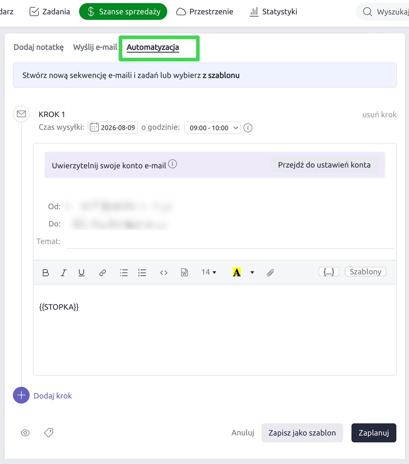 Szansa sprzedaży w Livespace, zakładka Automatyzacja. Krok pierwszy sekwencji z datą wysyłki, przedziałem godzinowym i edytorem treści e-maila.