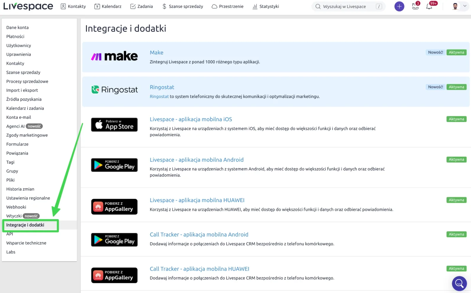 Ustawienia konta Livespace, sekcja Integracje i dodatki. Na górze listy Make i Ringostat oznaczone jako nowość, niżej aplikacje mobilne i Call Tracker.